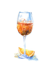 Glass of a aperol and orange.Picture of a alcoholic drink.Watercolor hand drawn illustration.White background.