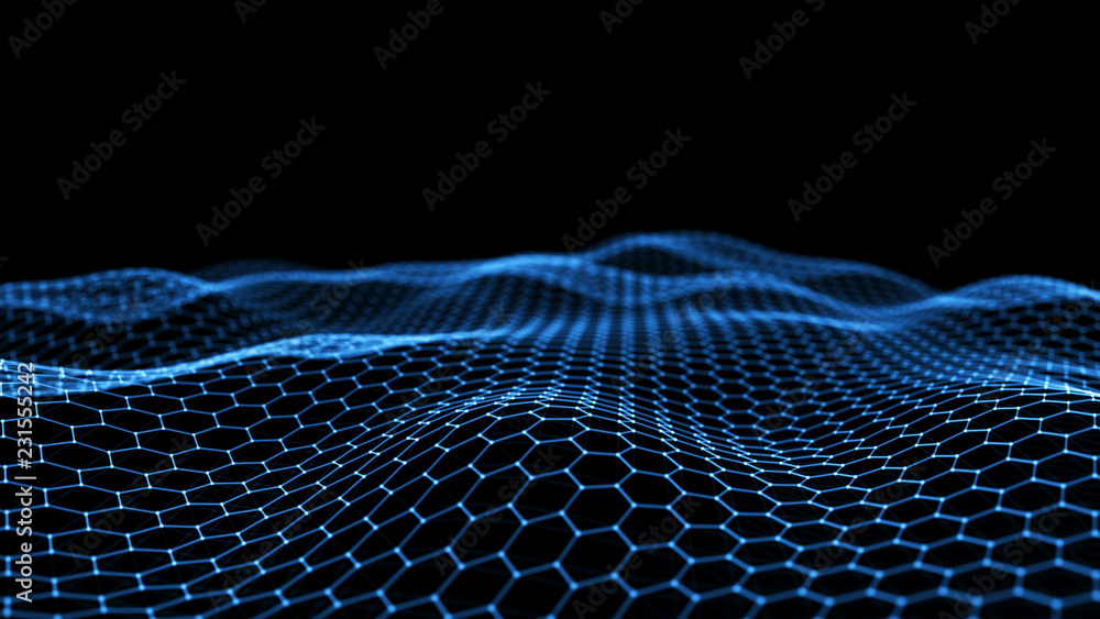 Poster Abstract technology background. Artificial intelligence. Futuristic hexagon perspective background. Big data visualization. 3D rendering.