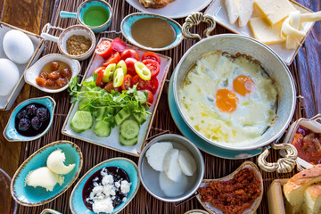 Traditional Delicious Turkish breakfast. Travel concept photo.