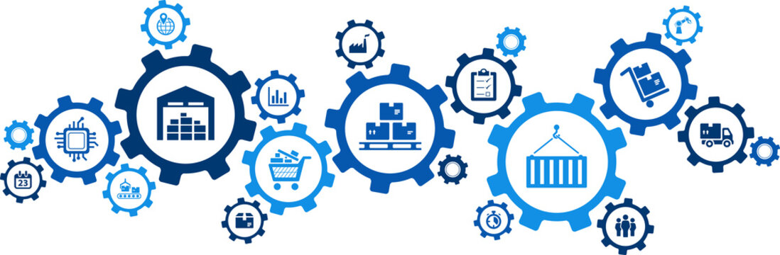 logistics concept: transport, handling, distribution, warehousing, vector illustration