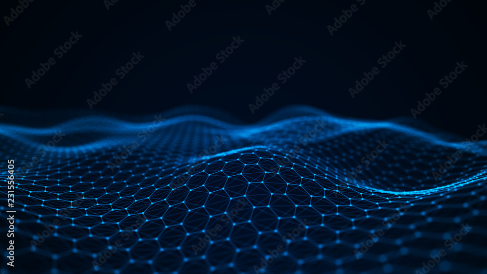 Fototapete Abstract technology background. Artificial intelligence. Futuristic hexagon perspective background. Big data visualization. 3D rendering.