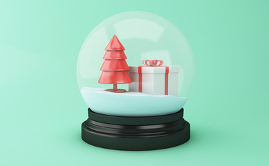 3d Snow globe with Christmas Tree and gift box.