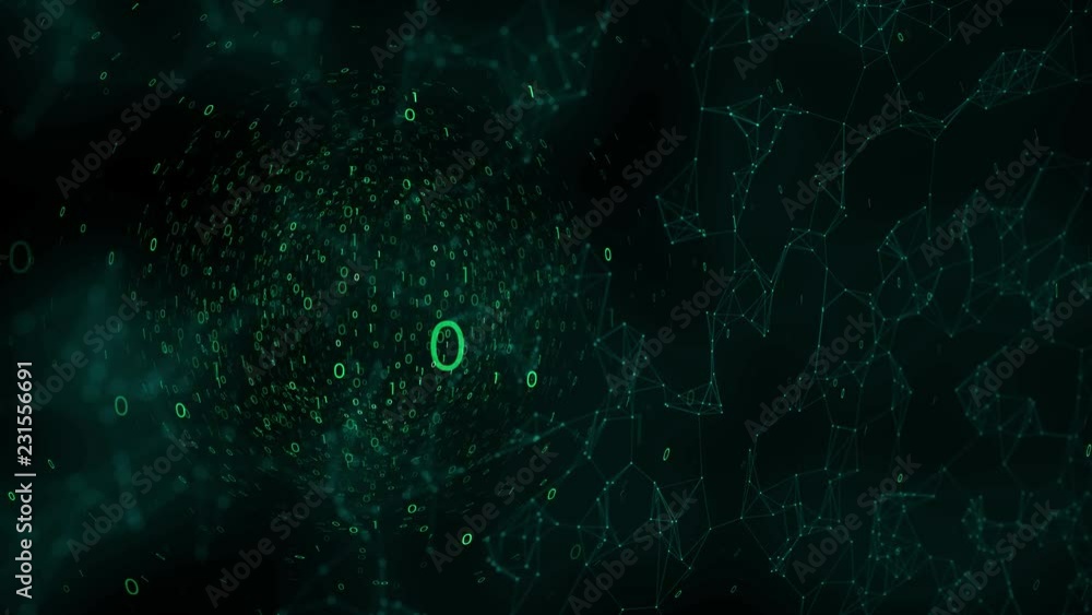 Poster concept rotating binary numbers on dark cyberspace background.