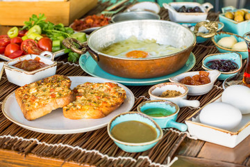 Traditional Delicious Turkish breakfast. Travel concept photo.