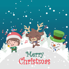 Cute Christmas greeting with elf, reindeer and snowman