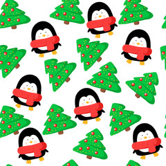 Fototapeta premium vector christmas seamless pattern with xmas tree and penguin. Suitable for fabric, paper, packaging, decor and design