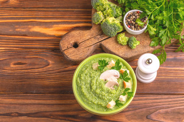 Fresh tasty pureed broccoli soup with vegetables. Healthy food