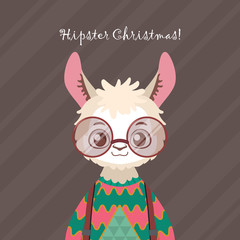 Cute hipster llama in ugly Christmas sweater