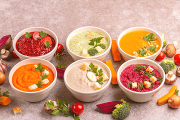 Variety of colorful tasty vegetables cream soups and fresh ingredients