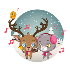 Cute reindeer and cat singing carols
