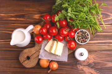 Fresh ingredients for tasty pureed tomato soup. Healthy food