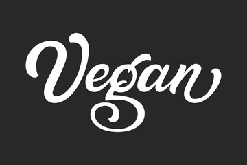 Hand drawn lettering Vegan. Vector Ink illustration. Typography poster on black background. Organic, natural design template for cards, invitations, prints etc.