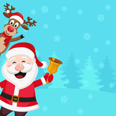 Santa Claus and deer are smiling and waving on a winter background.