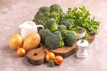 Fresh ingredients for tasty pureed broccoli soup. Healty food