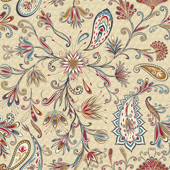 Abstract vintage pattern with decorative flowers, leaves and Paisley pattern in Oriental style.