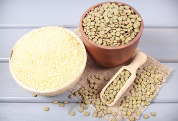 Green lentils and millet - a vegetable source of protein.