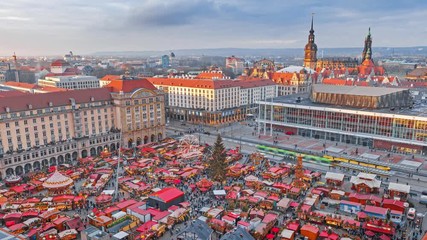 Dresden, Christmas Market from above. Amazing festive day scenery of people celebrating Christmas advent. 4K Time lapse 4096x2304. Germany, Saxony Bundes Land.