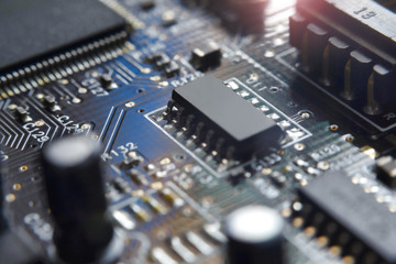 Electronic circuit board with chip close up for background