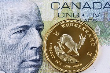 A close up image of a Canadian five dollar bill with a golden South African krugerrand