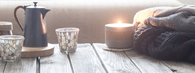 still life from home interior on wooden background