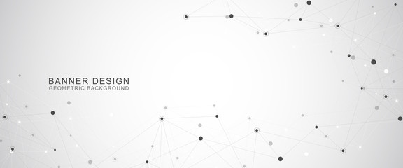 Vector banner design. Geometric abstract background with connected dots and lines. Molecular structure and communication. Digital technology background and network connection.