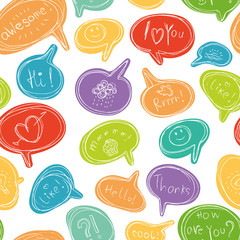 Vector seamless pattern with colorful speech bubbles. Different phrases, paintings and symbols. - 231561448