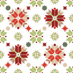 Vector seamless pattern of geometric snowflakes. Nordic pattern in Christmas traditional colors. - 231561459