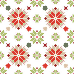 Vector seamless pattern of geometric snowflakes. Nordic pattern in Christmas traditional colors. - 231561470