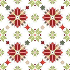 Vector seamless pattern of geometric snowflakes. Nordic pattern in Christmas traditional colors. - 231561487