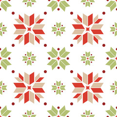 Vector seamless pattern of geometric snowflakes. Nordic pattern in Christmas traditional colors. - 231561496