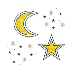Abstract Golden and black moon and stars icons in the sky at night on white background