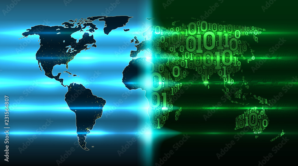 Poster digital revolution on world map. map earth with continents from a binary code with a background of a