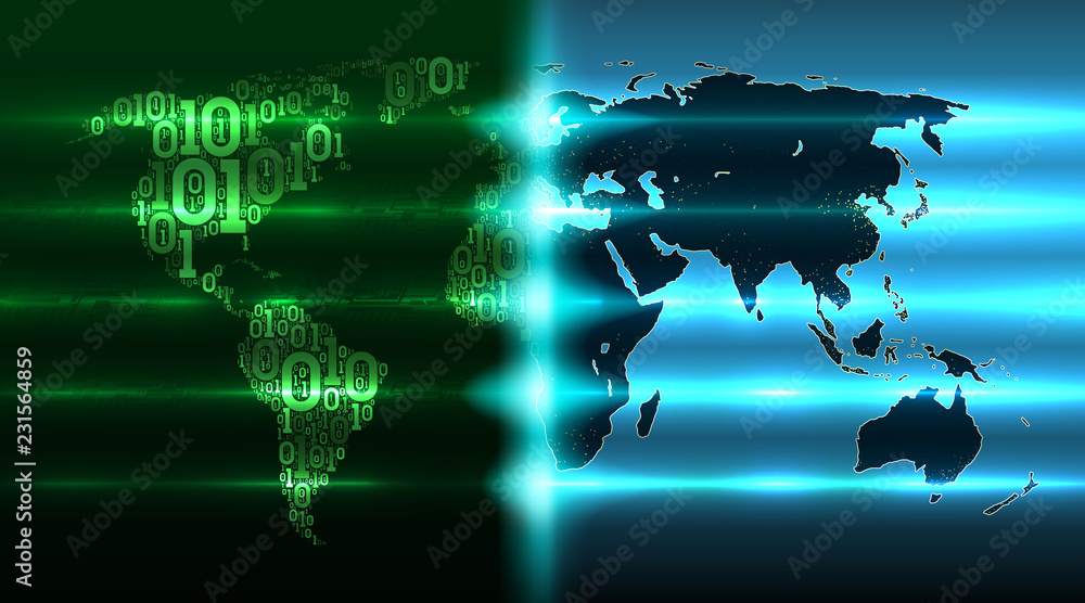 Poster Digital revolution on world map. Map Earth with continents from a binary code with a background of abstract printed circuit boards, electronics