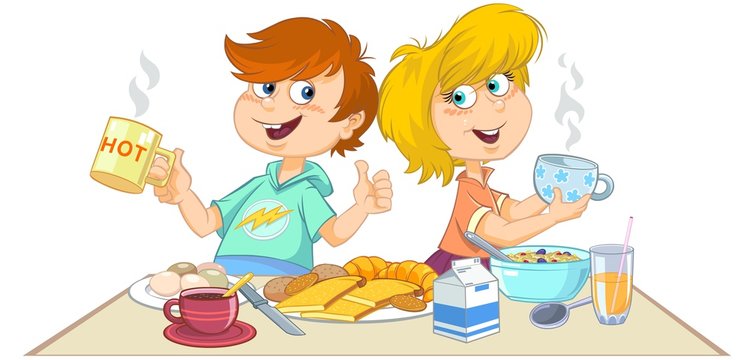Cartoon children eating a breakfast.