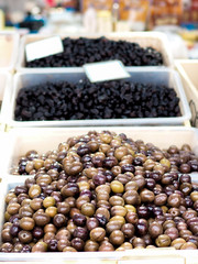 Fruit and vegetable market in Tirana, Albania. Sunny day, olives