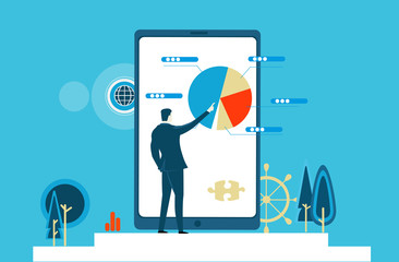 Businessmen makes changes  on the tablet, reading the data and control situation