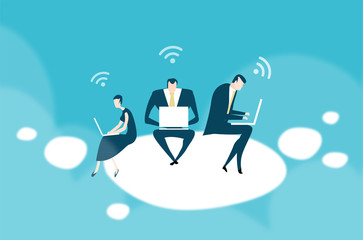 Business people working with laptops sitting on clouds. 