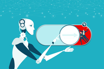 Robot pushing the button agains of human's team. Human vs robot concept