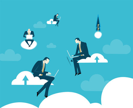 Business people working with laptops sitting on clouds. 