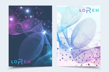 Scientific brochure design template. Vector flyer layout, Molecular structure with connected lines and dots. Scientific pattern atom DNA with elements for magazine, leaflet, cover, poster design.