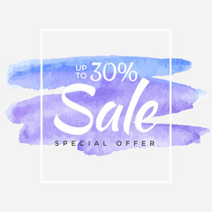 Watercolor Special Offer, Super Sale Flyer, Banner, Poster, Pamphlet, Saving Up to 30% Off, Vector illustration with abstract paint stroke