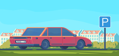 Parking lot with car in city. Sign for parking area. Flat vector illustration.