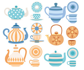 Vector set of teapots and cups with cute patterns. Tea-set cartoon style design. Flat vector illustration on white background