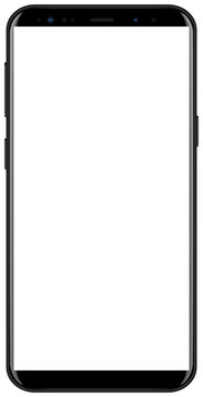 Brand new smartphone black color with white screen mockup. Front view of modern android multimedia smart phone easy to edit and put your image.