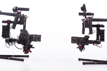 Sistem stabilization video camera and lens on steady equipment support such as gimbal steady or stabilized. White background
