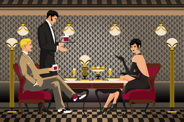 A group of people in a restaurant of the early 20th century. Retro party invitation card. Handmade drawing vector illustration. Art Deco style. Flat design.