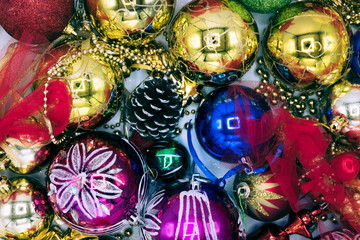 Christmas background image of colorful balls and decoration.