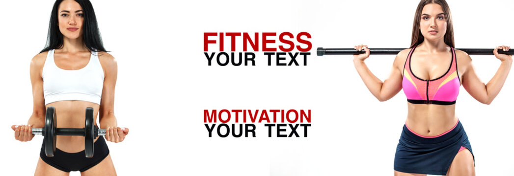 Fitness women athlete with dumbbells. Template, banner or poster for sport ads. White background.