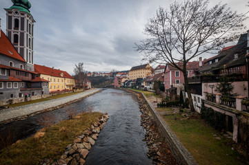 Fototapeta na wymiar Cesky Krumlov, South Bohemian Region, Czech Republic - January 4, 2014: View of the streets of the old Czech city