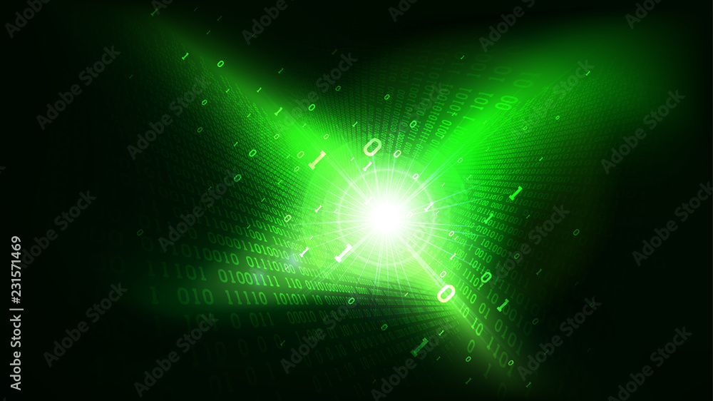 Poster binary code in abstract futuristic cyberspace, matrix shining green background with digital code, bi
